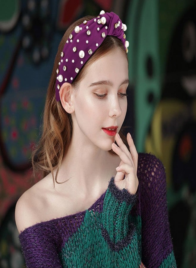 Atoden Pearl Knotted Rhinestone Wide Top Knot Beaded Jeweled Crystal Embellished Headbands for Women's Hair - Deep Purple - Image 2